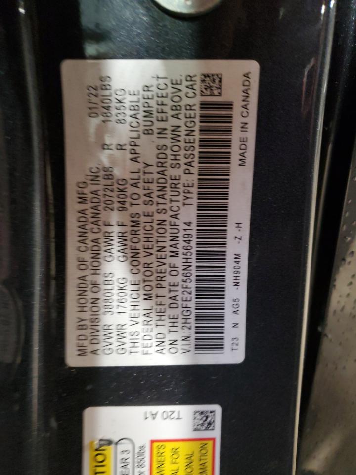 2022 Honda Civic Sport VIN: 2HGFE2F56NH564914 Lot: 85748395