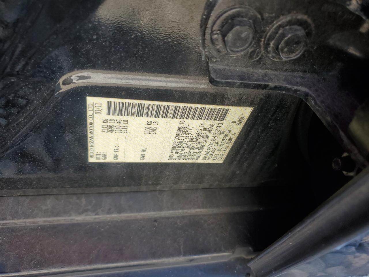 2011 Nissan Maxima S VIN: 1N4AA5AP7BC843291 Lot: 86429135