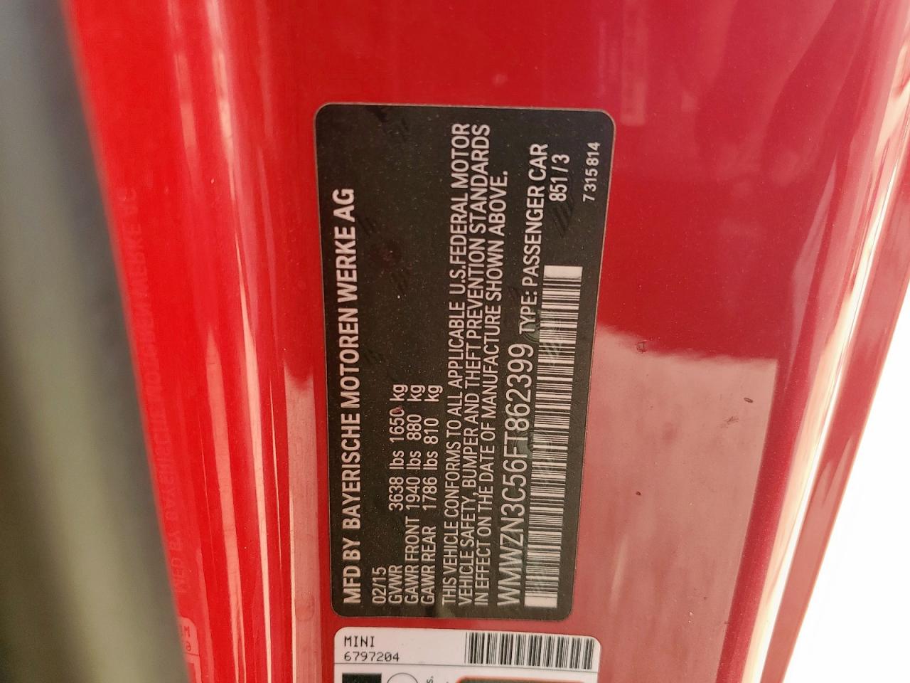 2015 Mini Cooper VIN: WMWZN3C56FT862399 Lot: 85301835