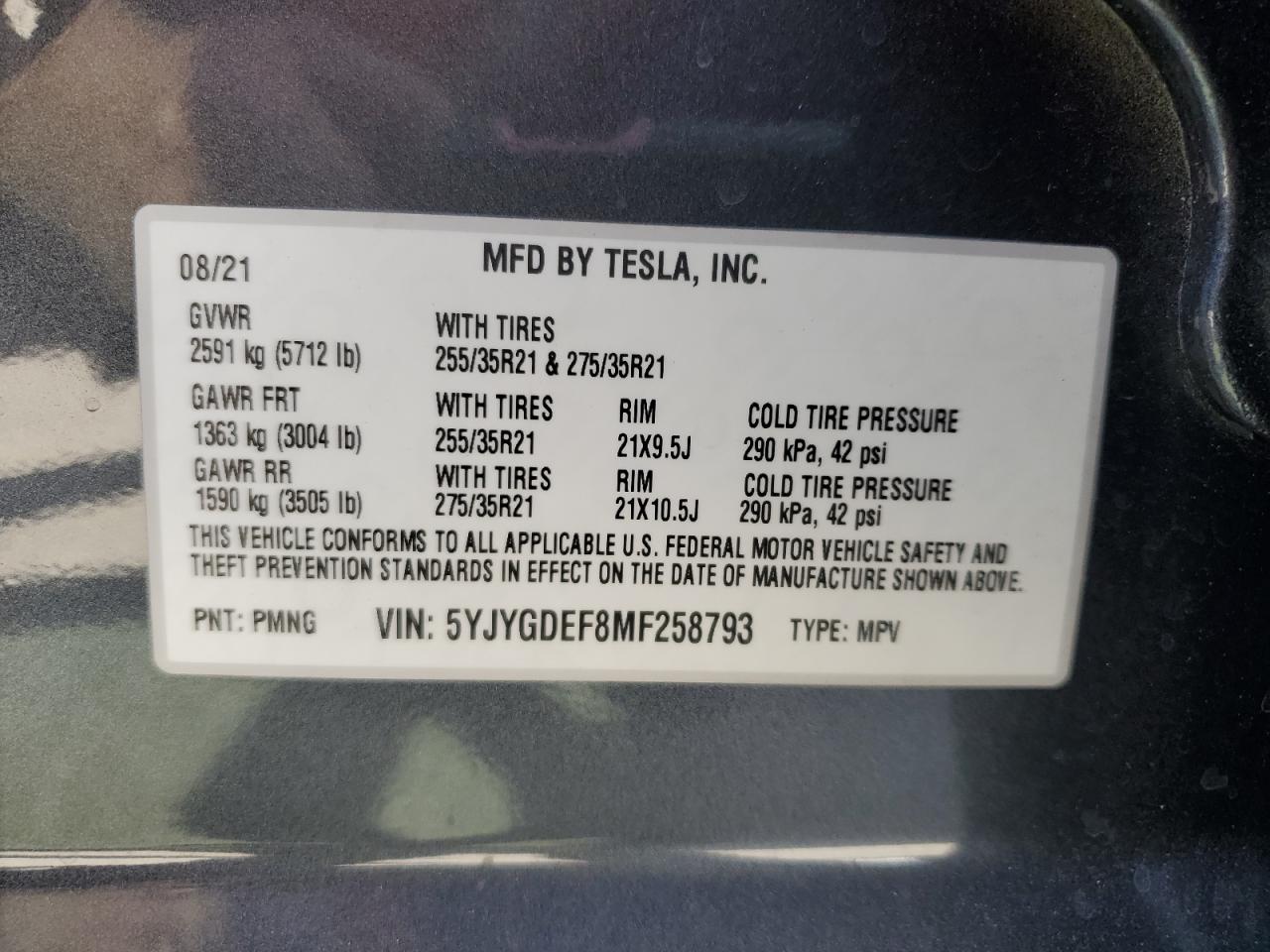 2021 Tesla Model Y VIN: 5YJYGDEF8MF258793 Lot: 84268905
