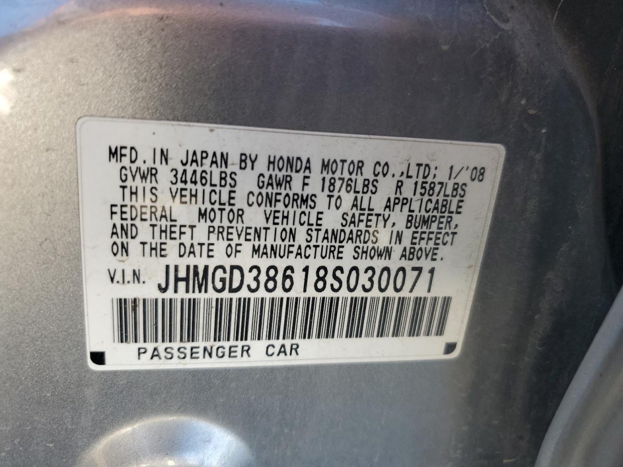 2008 Honda Fit Sport VIN: JHMGD38618S030071 Lot: 81913655