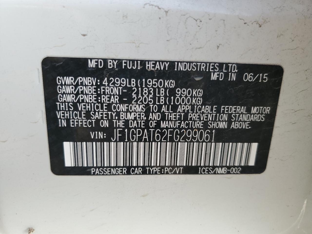 2015 Subaru Impreza Sport VIN: JF1GPAT62FG299061 Lot: 85575985