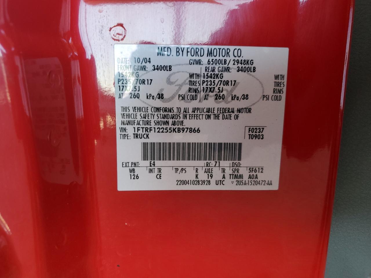 2005 Ford F150 VIN: 1FTRF12255KB97866 Lot: 84968935