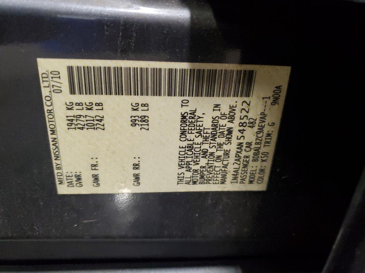 2010 Nissan Altima Base VIN: 1N4AL2APXAN548522 Lot: 84221575