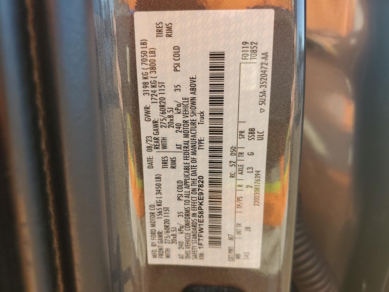 2023 Ford F150 Supercrew VIN: 1FTFW1E58PKE97820 Lot: 87256845