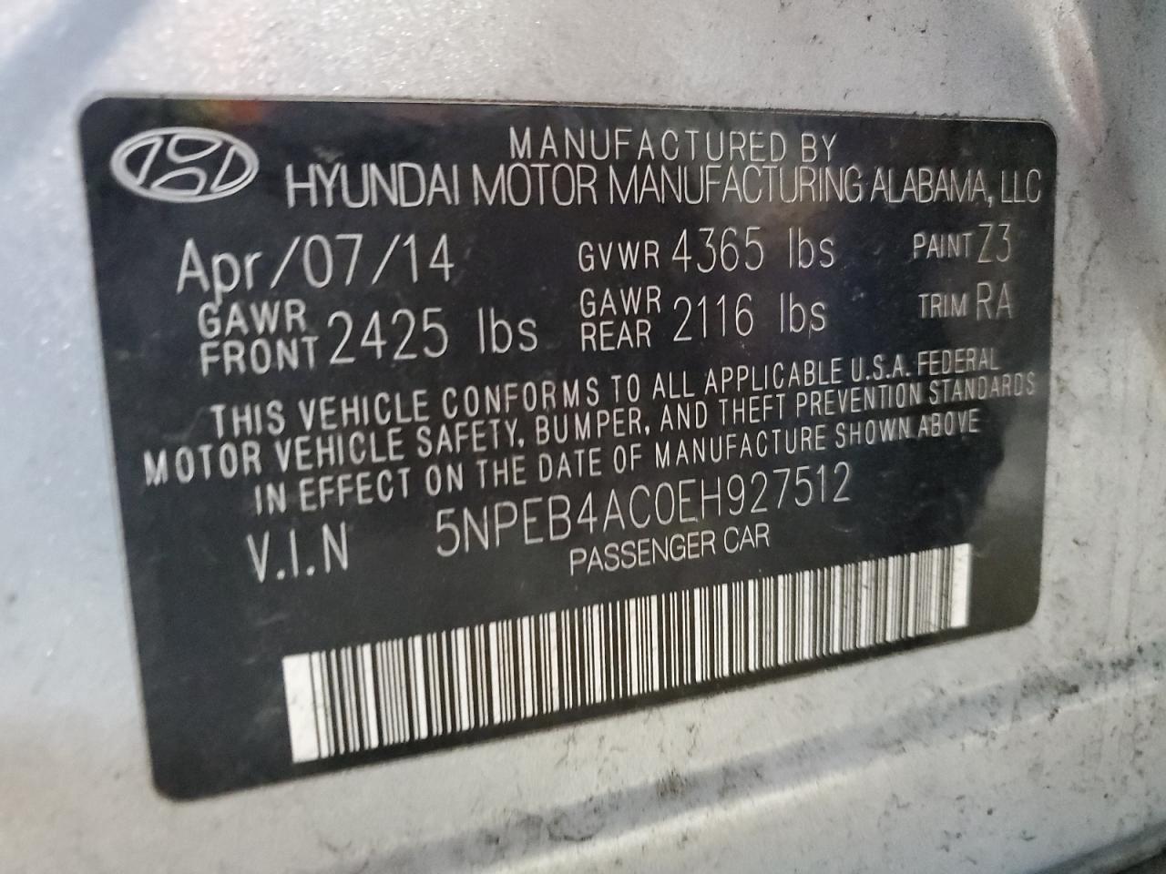 2014 Hyundai Sonata Gls VIN: 5NPEB4AC0EH927512 Lot: 86316695