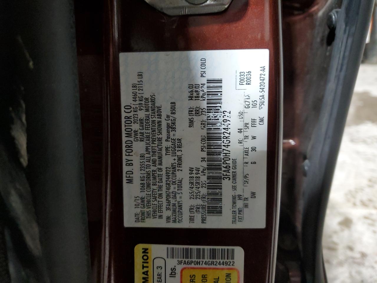 2016 Ford Fusion Se VIN: 3FA6P0H74GR244922 Lot: 90094175