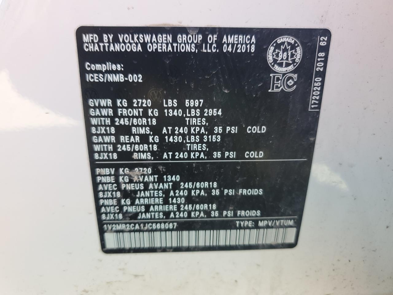 2018 Volkswagen Atlas Sel VIN: 1V2MR2CA1JC568067 Lot: 85173735