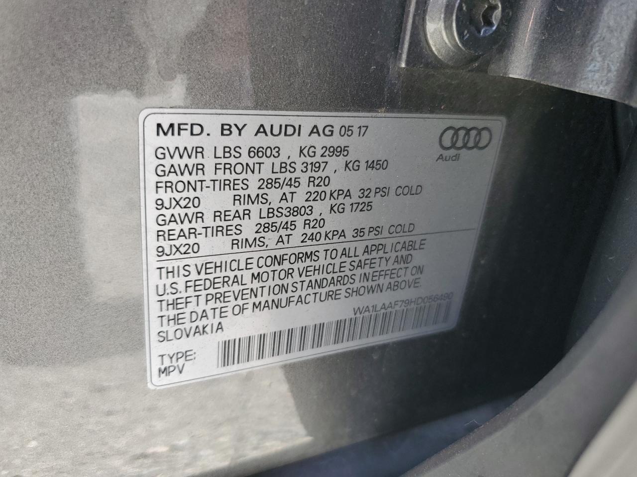 2017 Audi Q7 Premium Plus VIN: WA1LAAF79HD056490 Lot: 86077195
