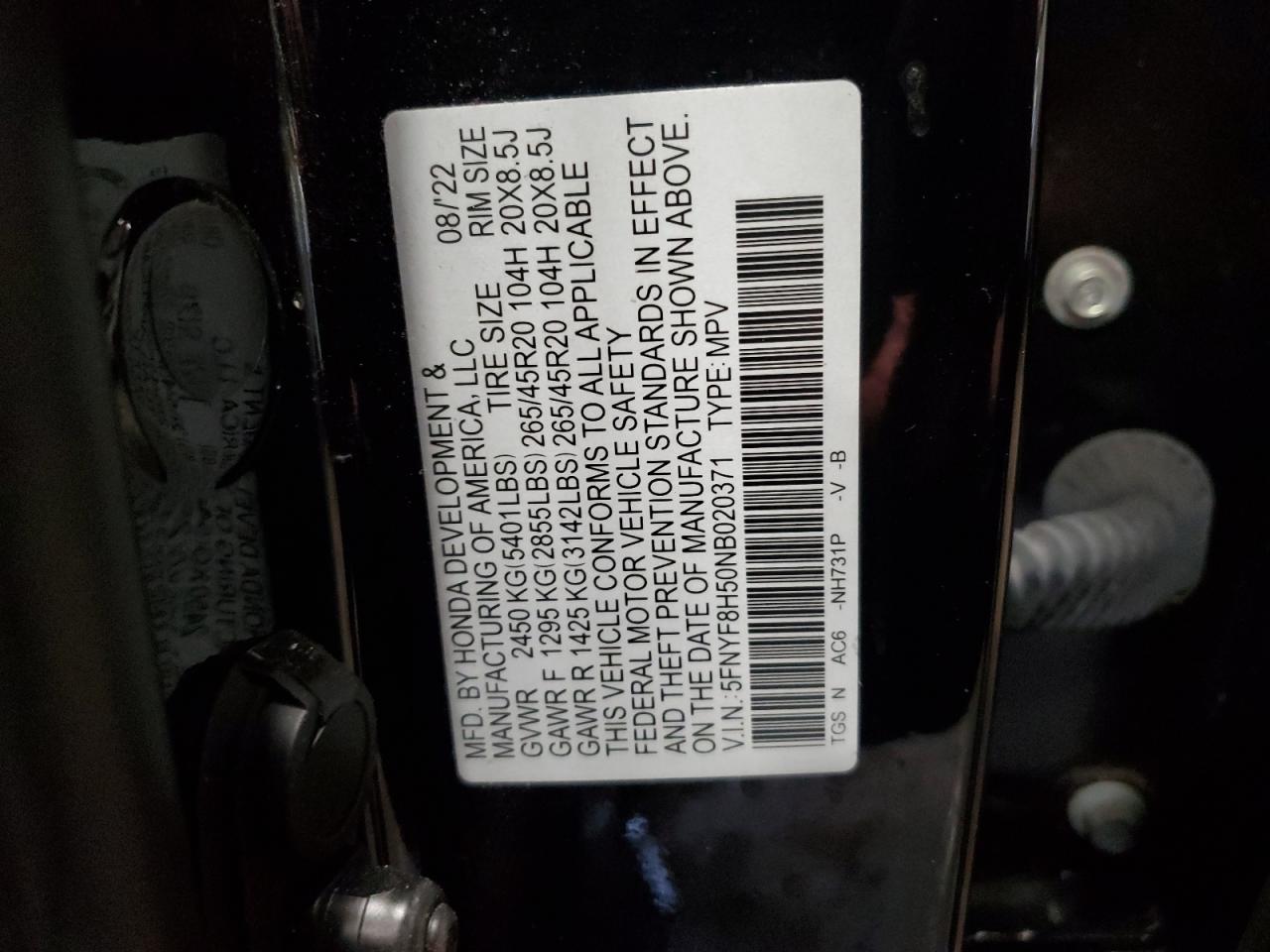 2022 Honda Passport Exl VIN: 5FNYF8H50NB020371 Lot: 89795425