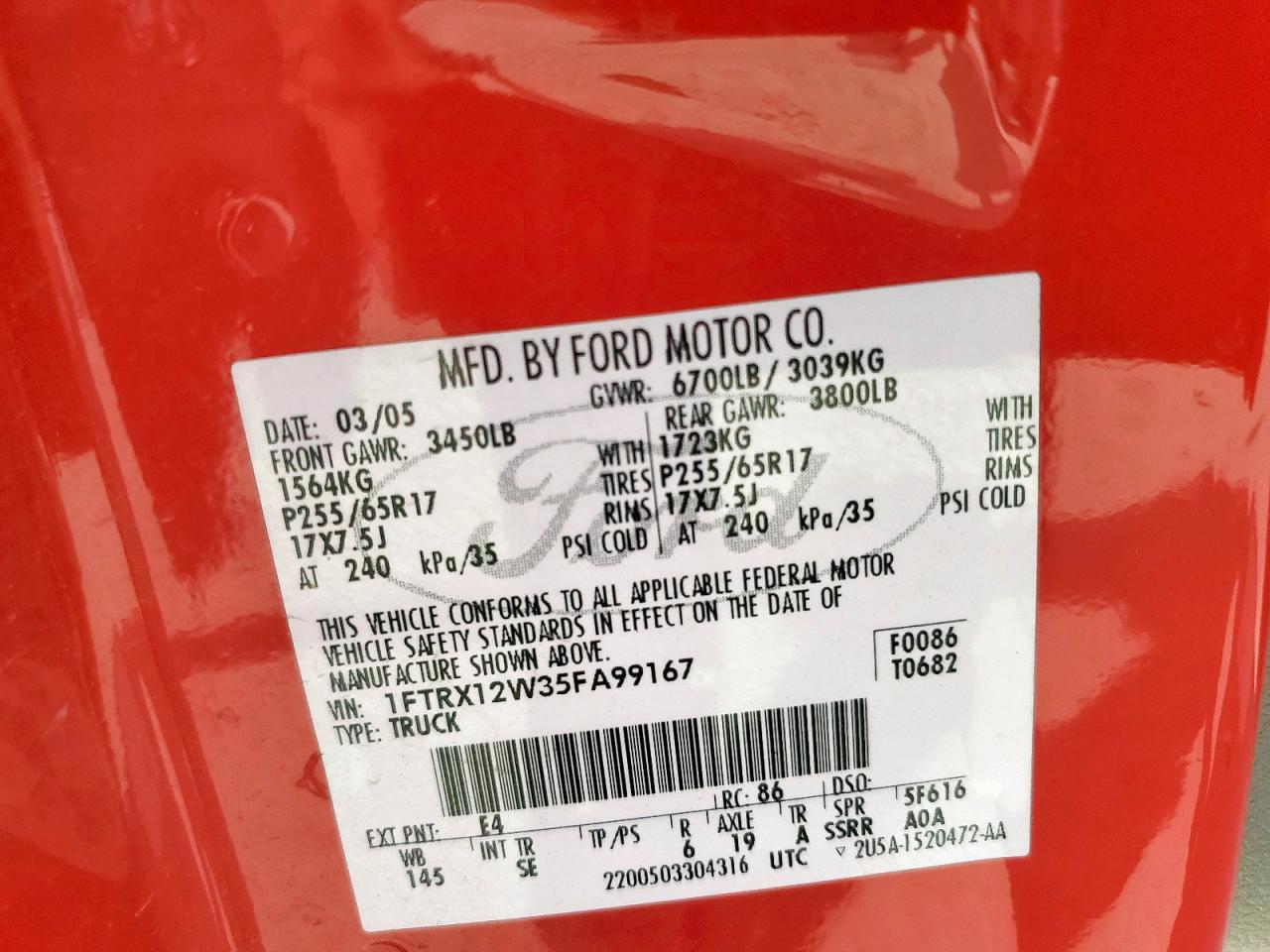 2005 Ford F150 VIN: 1FTRX12W35FA99167 Lot: 85884325