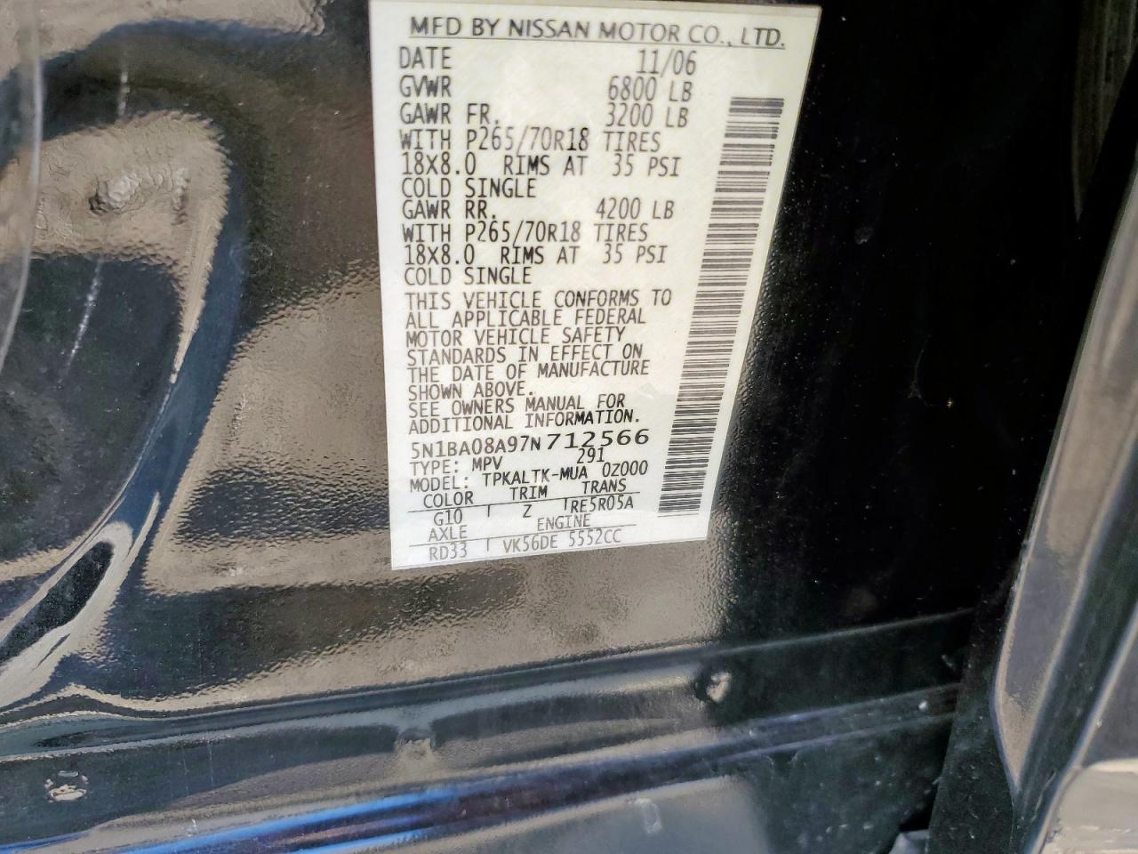 2007 Nissan Armada Se VIN: 5N1BA08A97N712566 Lot: 84069905