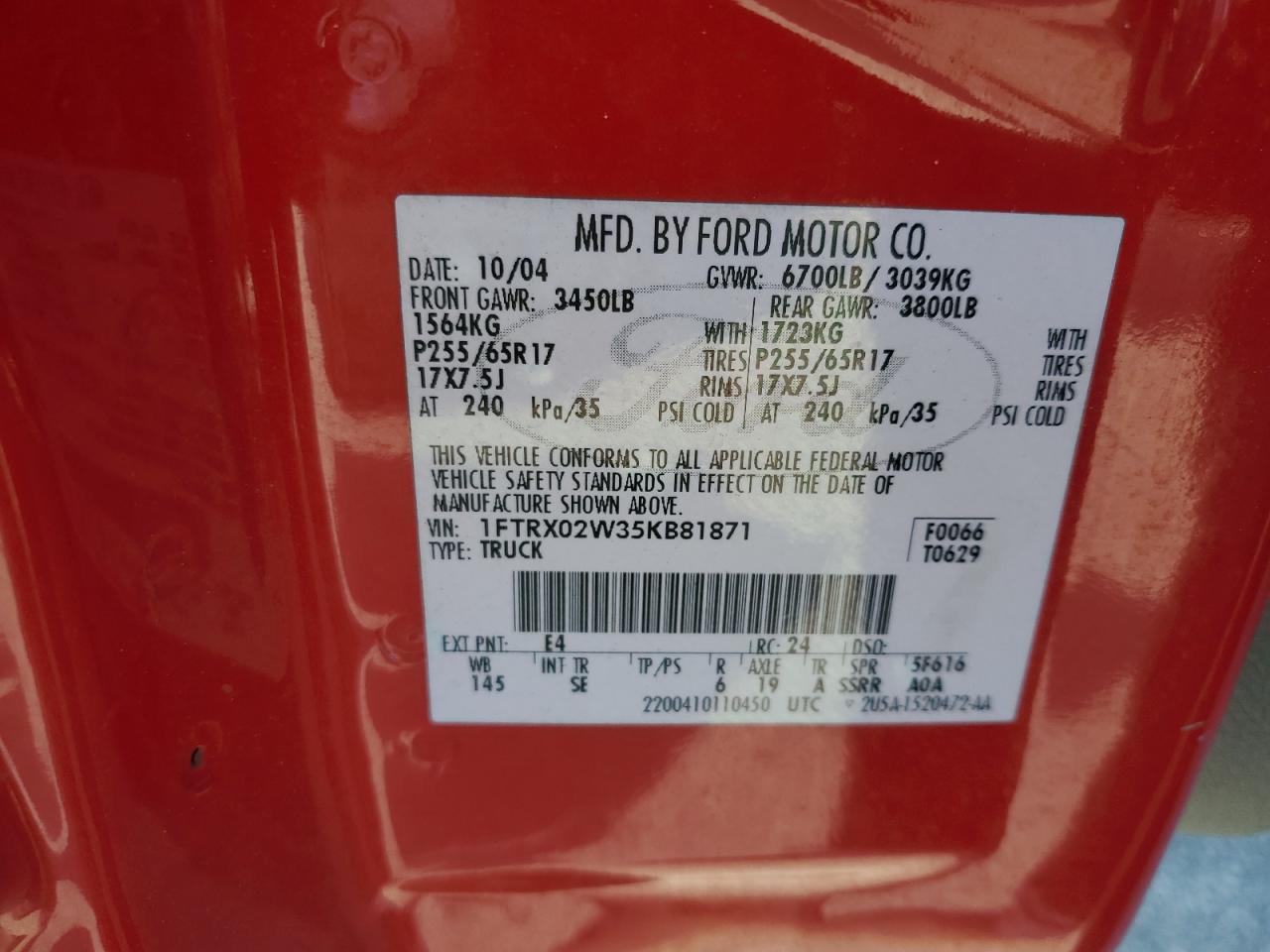 2005 Ford F150 VIN: 1FTRX02W35KB81871 Lot: 85475915