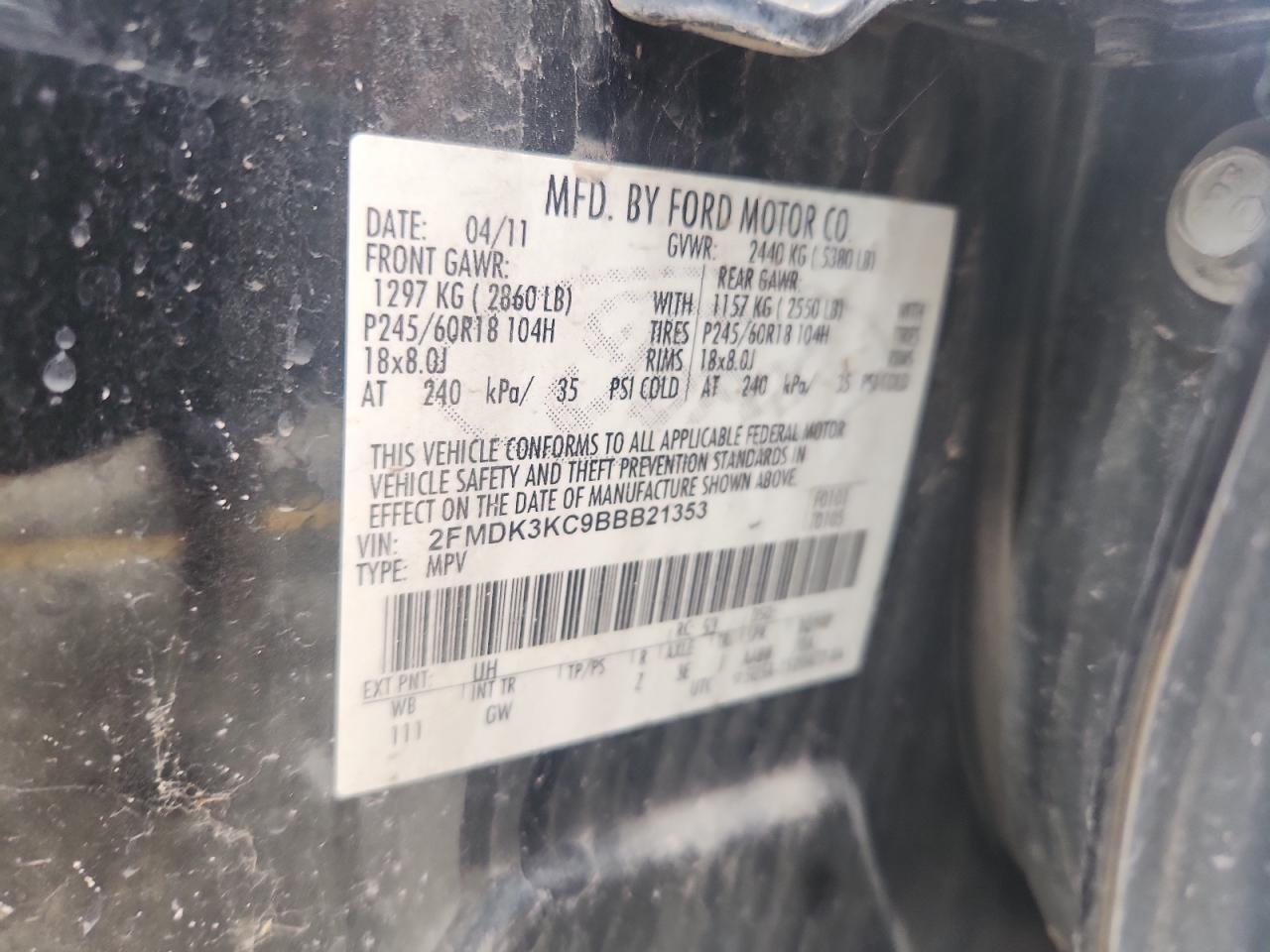 2011 Ford Edge Limited VIN: 2FMDK3KC9BBB21353 Lot: 85124835