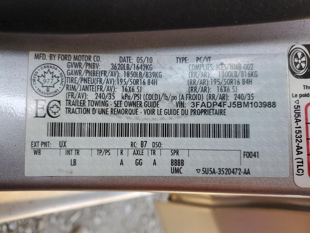 2011 Ford Fiesta Ses VIN: 3FADP4FJ5BM103988 Lot: 85751445