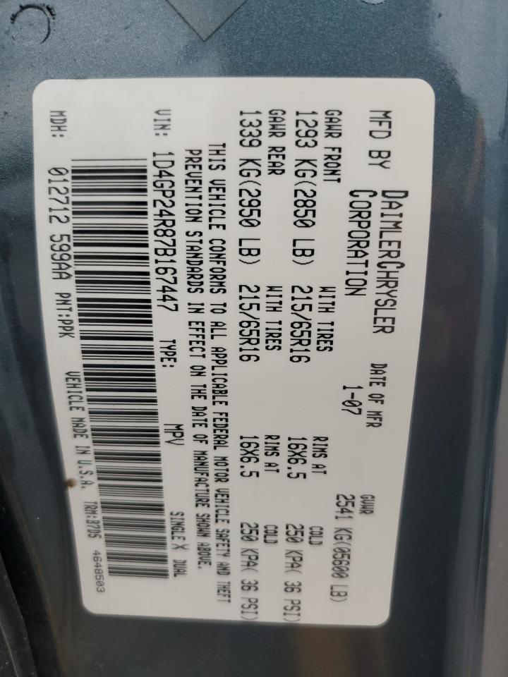 2007 Dodge Grand Caravan Se VIN: 1D4GP24R87B167447 Lot: 89851965