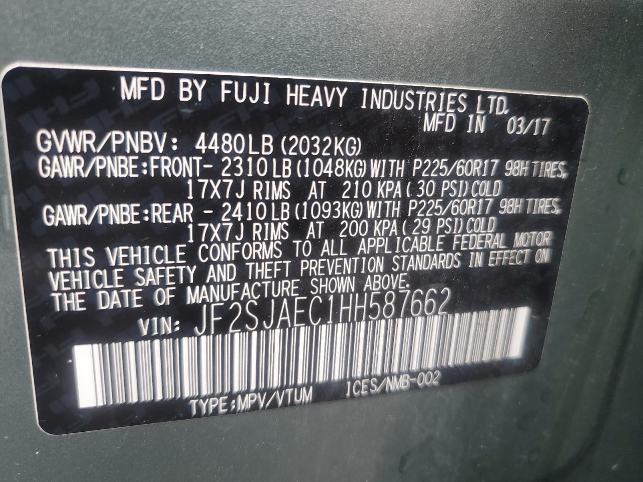 2017 Subaru Forester 2.5I Premium VIN: JF2SJAEC1HH587662 Lot: 86145085