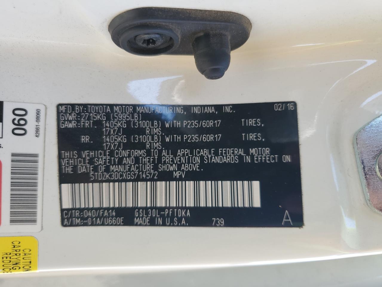 2016 Toyota Sienna VIN: 5TDZK3DCXGS714572 Lot: 85376175