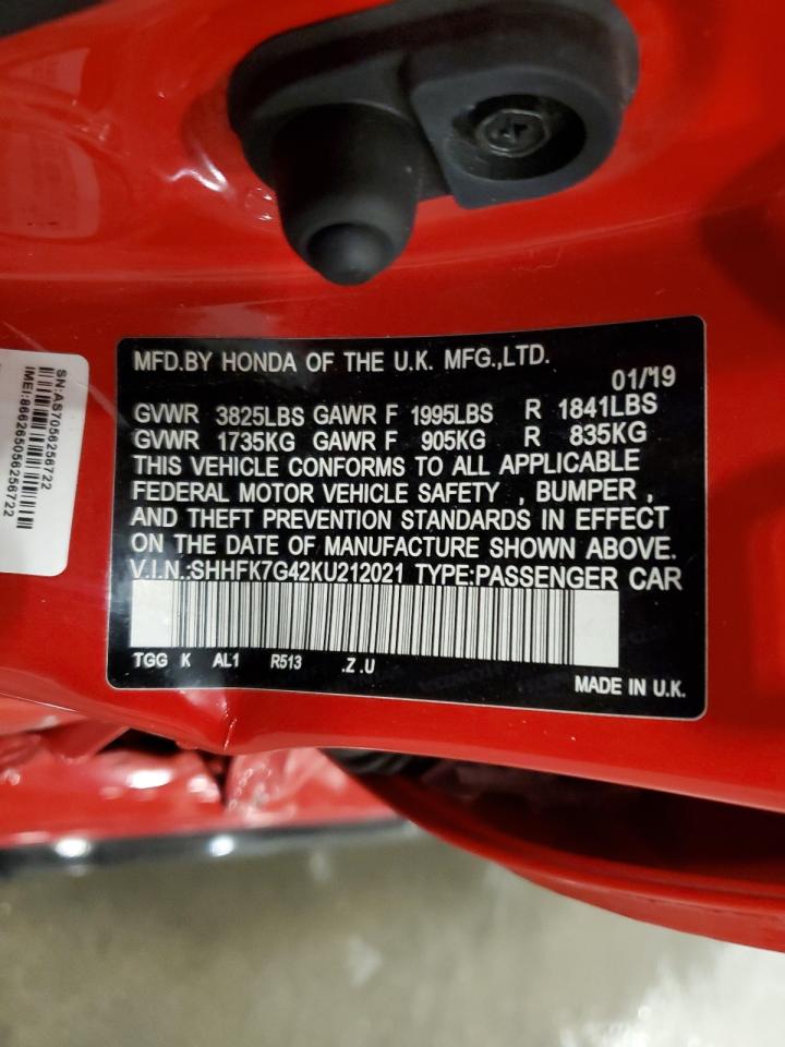 2019 Honda Civic Sport VIN: SHHFK7G42KU212021 Lot: 84990495