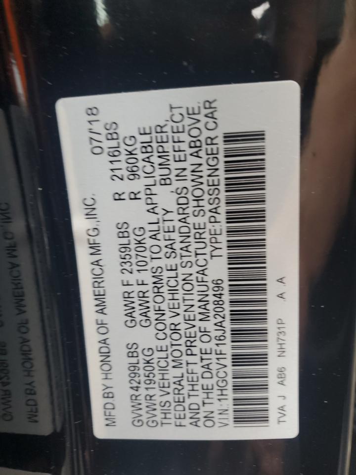 2018 Honda Accord Lx VIN: 1HGCV1F16JA208496 Lot: 82198705