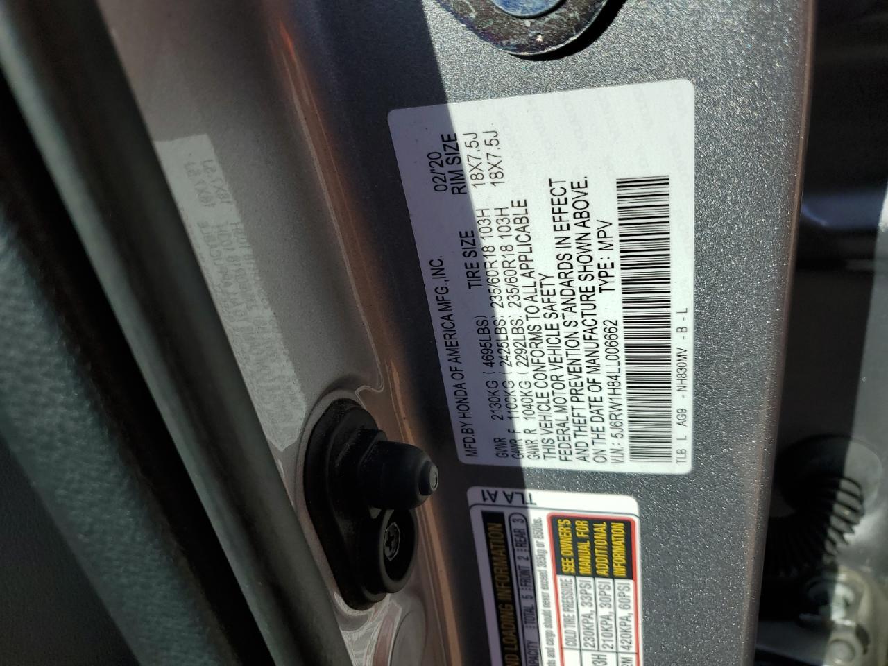 2020 Honda Cr-V Exl VIN: 5J6RW1H84LL006662 Lot: 84701845