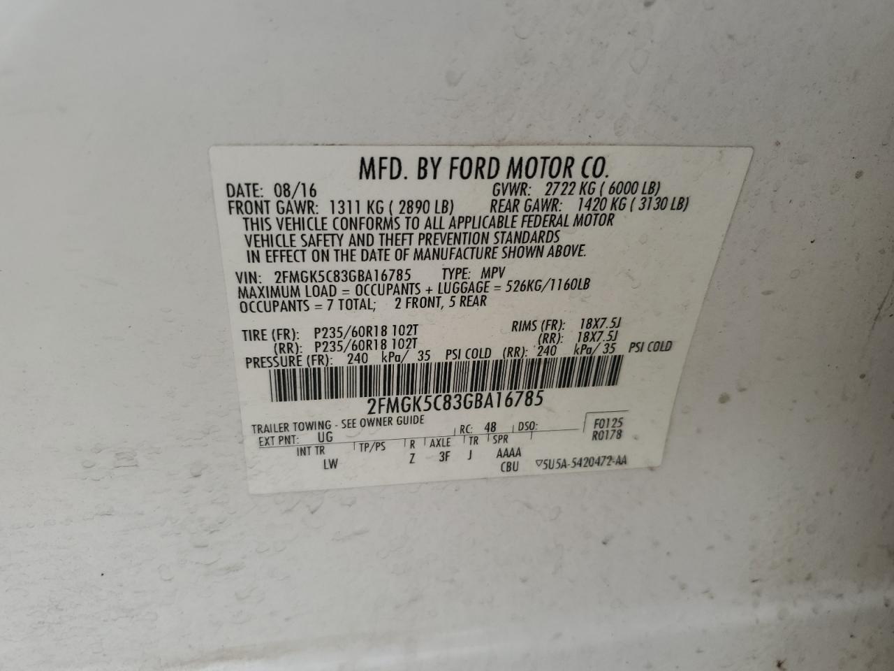 2016 Ford Flex Sel VIN: 2FMGK5C83GBA16785 Lot: 82549335