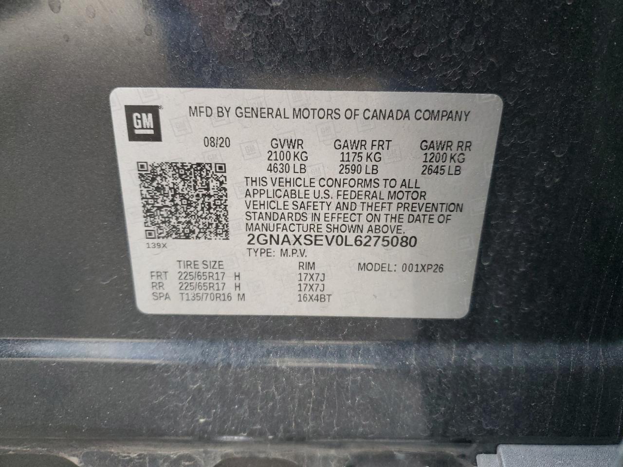 2020 Chevrolet Equinox Ls VIN: 2GNAXSEV0L6275080 Lot: 85858665