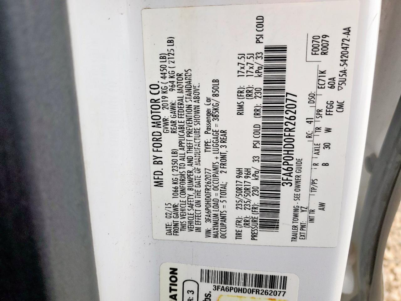 2015 Ford Fusion Se VIN: 3FA6P0HD0FR262077 Lot: 85829535