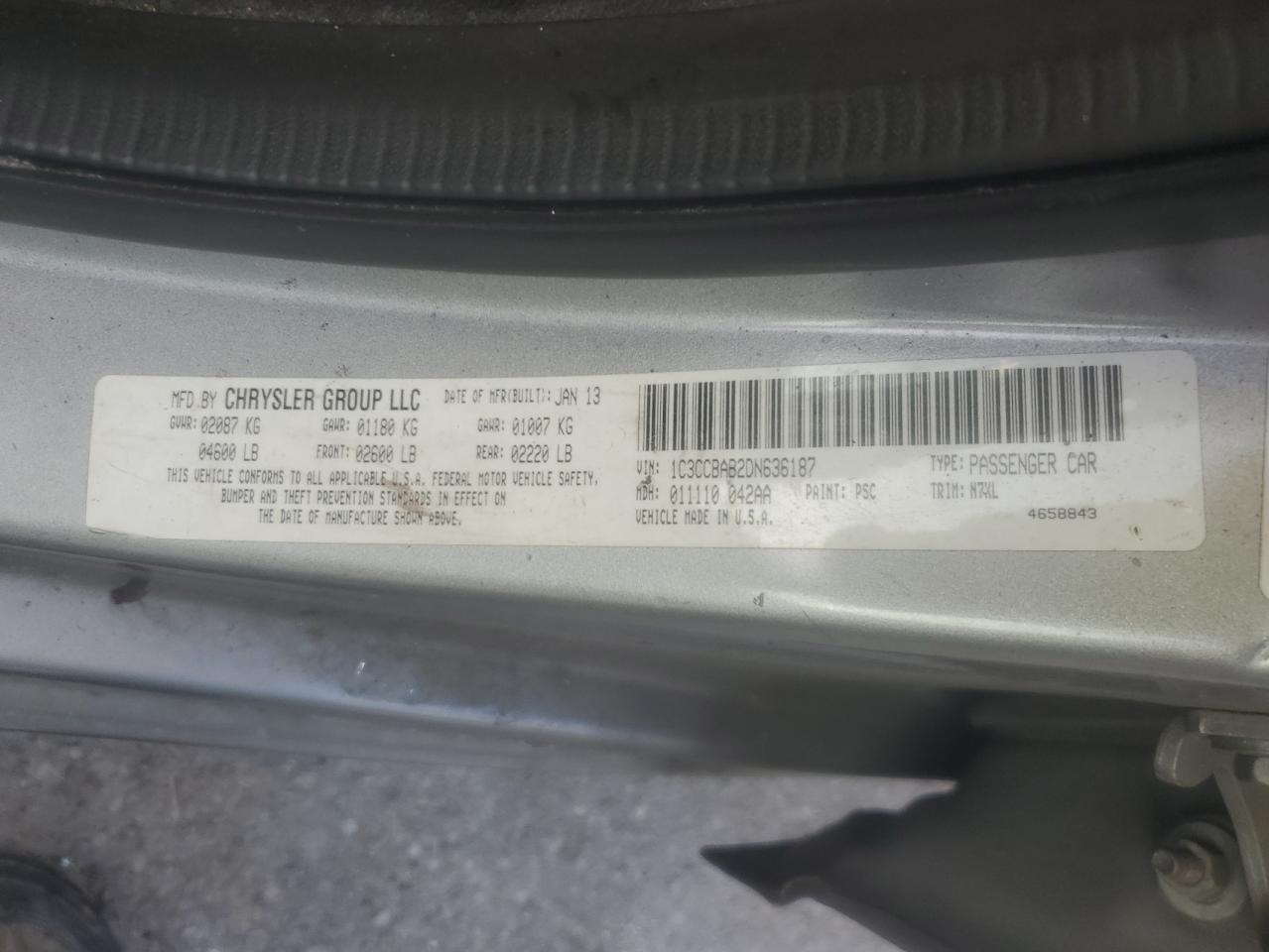 2013 Chrysler 200 Lx VIN: 1C3CCBAB2DN636187 Lot: 89874355