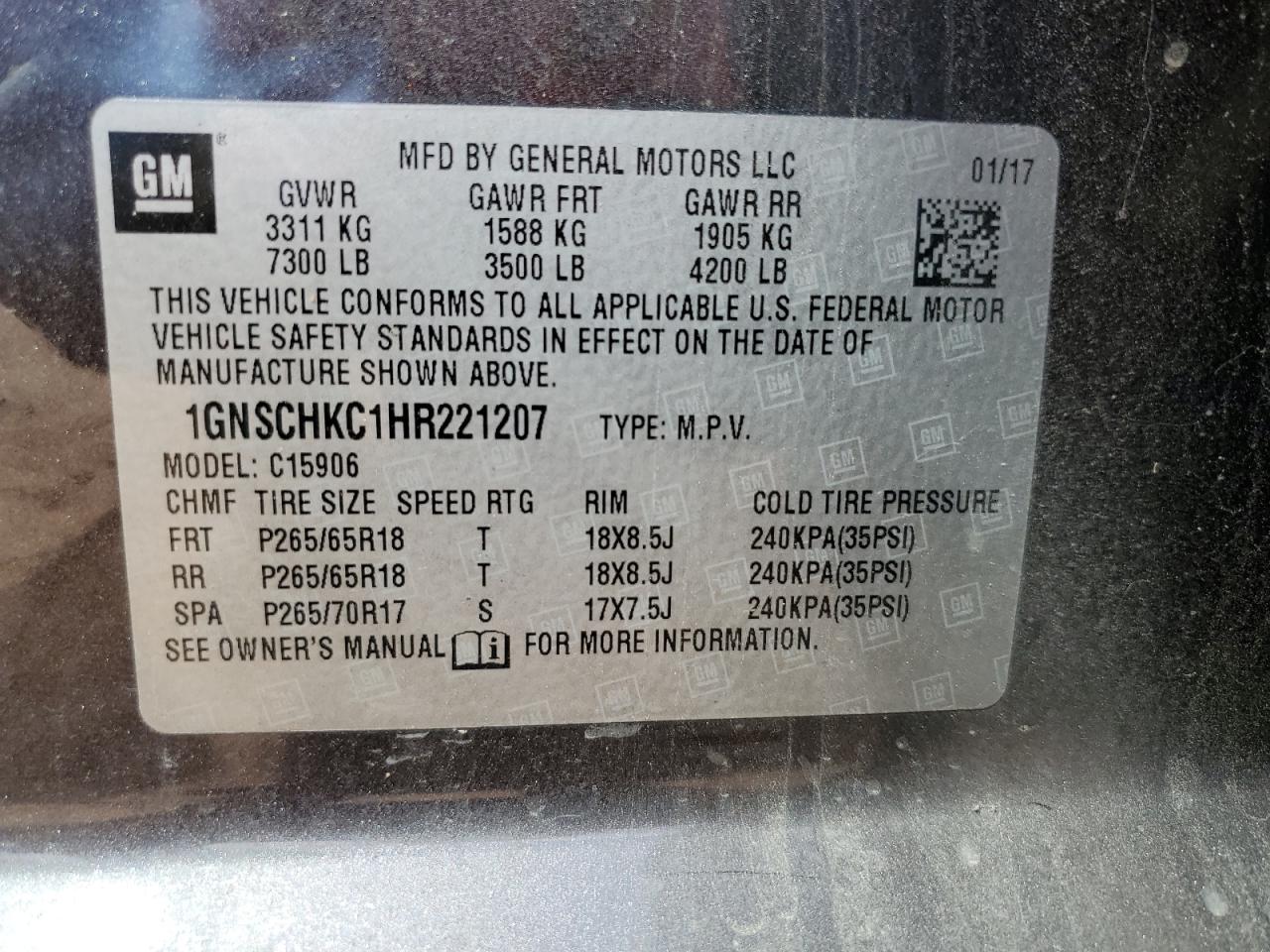 2017 Chevrolet Suburban C1500 Lt VIN: 1GNSCHKC1HR221207 Lot: 81977145