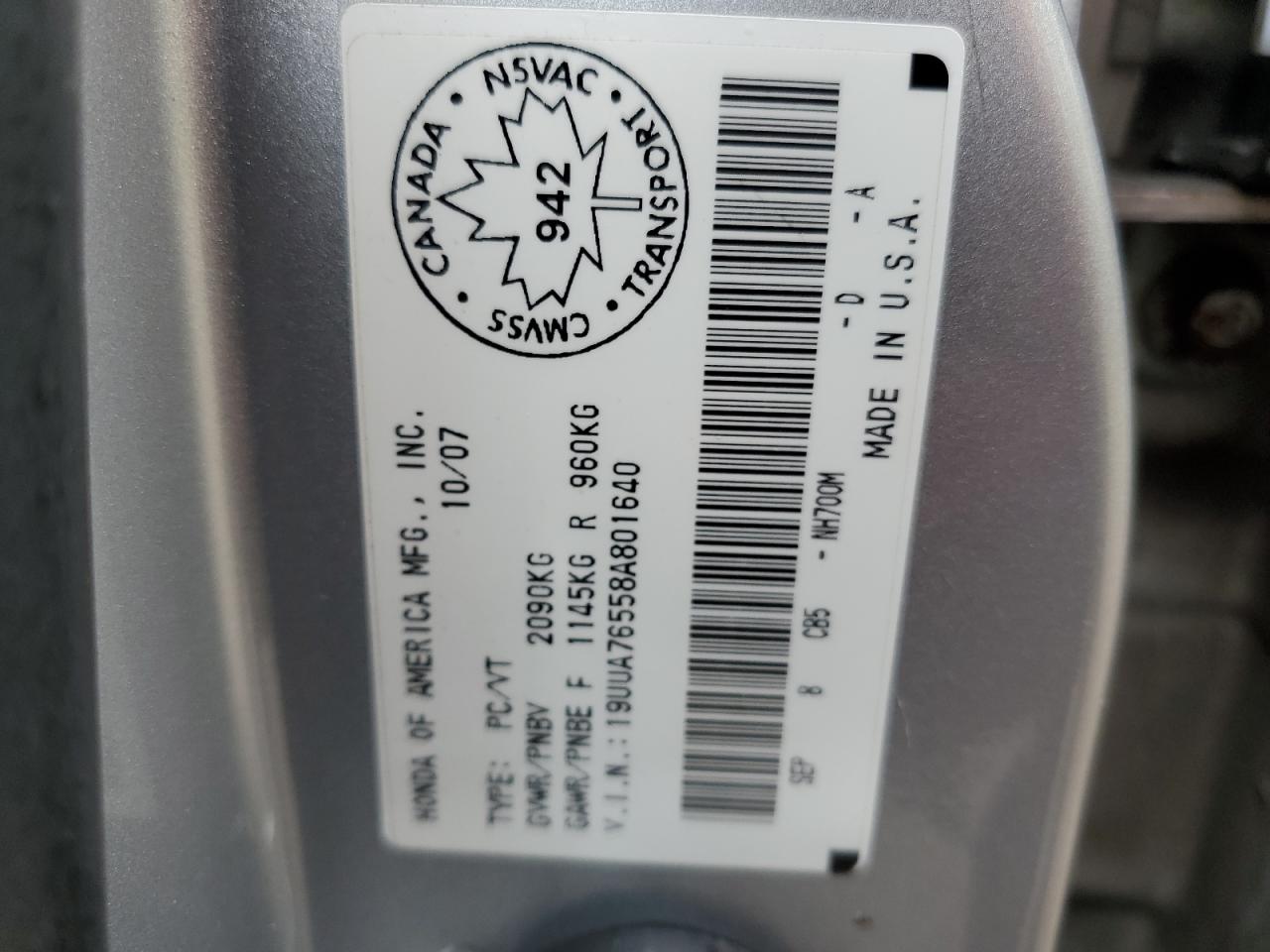 2008 Acura Tl Type S VIN: 19UUA76558A801640 Lot: 81621095