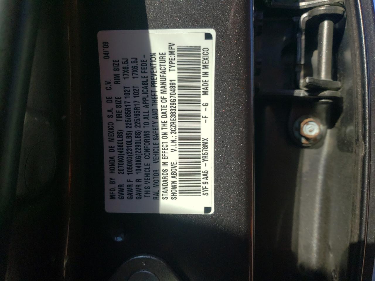 2009 Honda Cr-V Lx VIN: 3CZRE38329G704891 Lot: 90920055