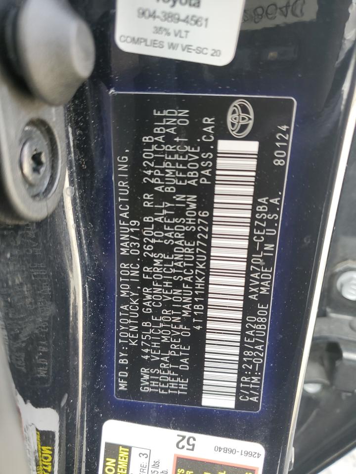 2019 Toyota Camry L VIN: 4T1B11HK7KU772276 Lot: 85113915