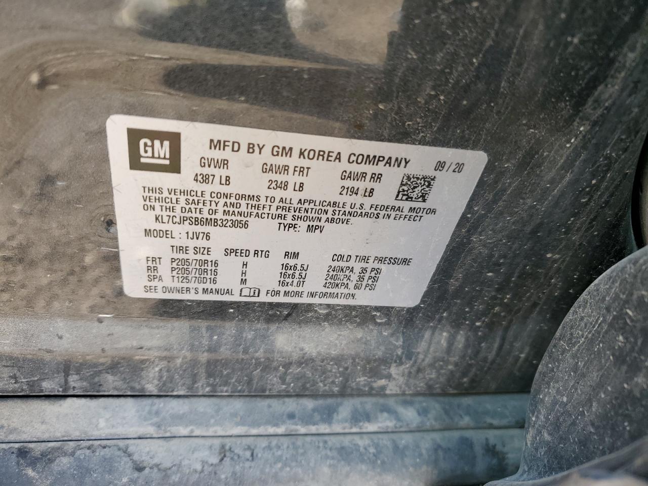 2021 Chevrolet Trax 1Lt VIN: KL7CJPSB6MB323056 Lot: 90533995