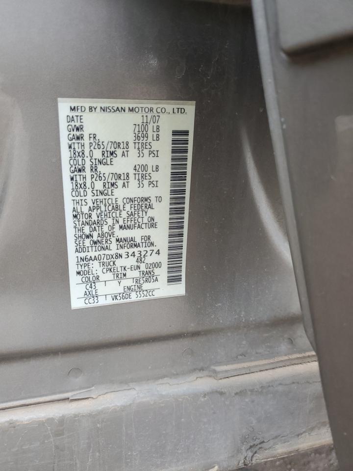 2008 Nissan Titan Xe VIN: 1N6AA07DX8N343274 Lot: 86117825