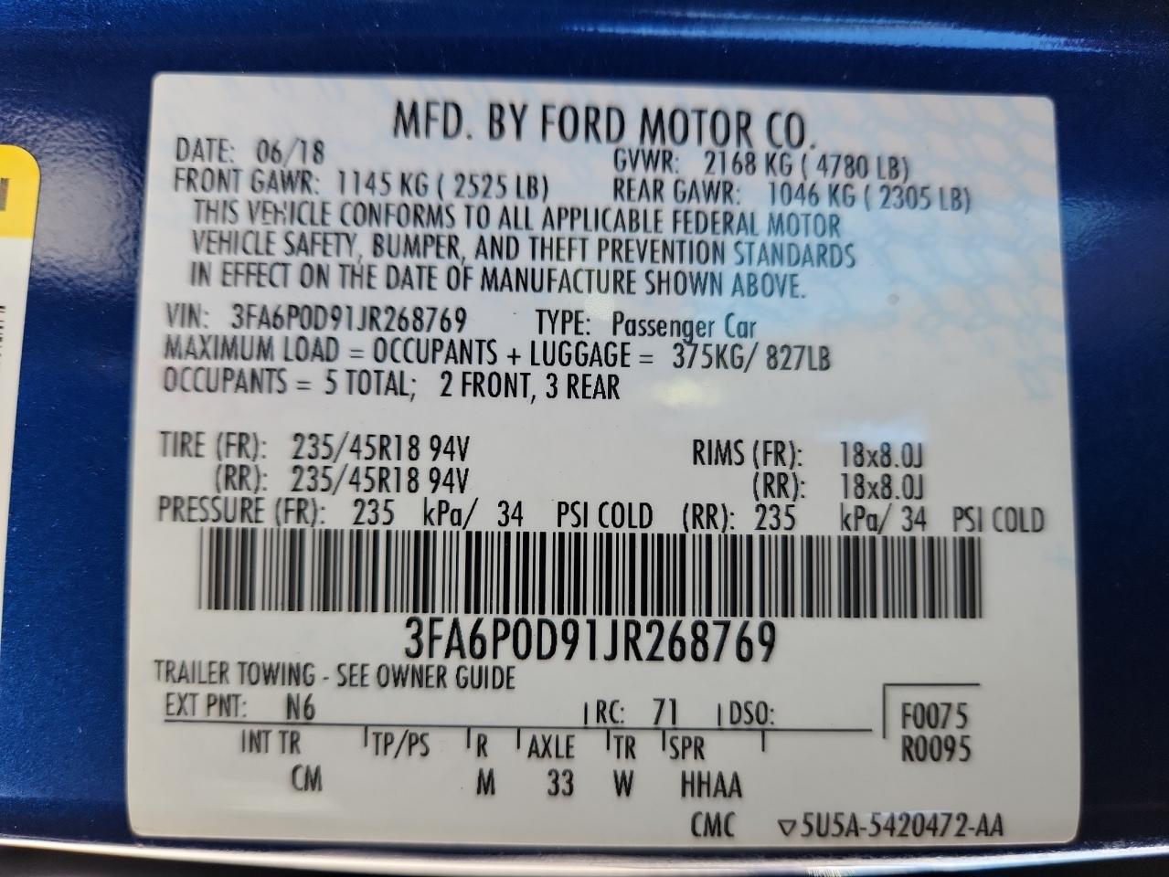 2018 Ford Fusion Titanium/Platinum VIN: 3FA6P0D91JR268769 Lot: 81695075