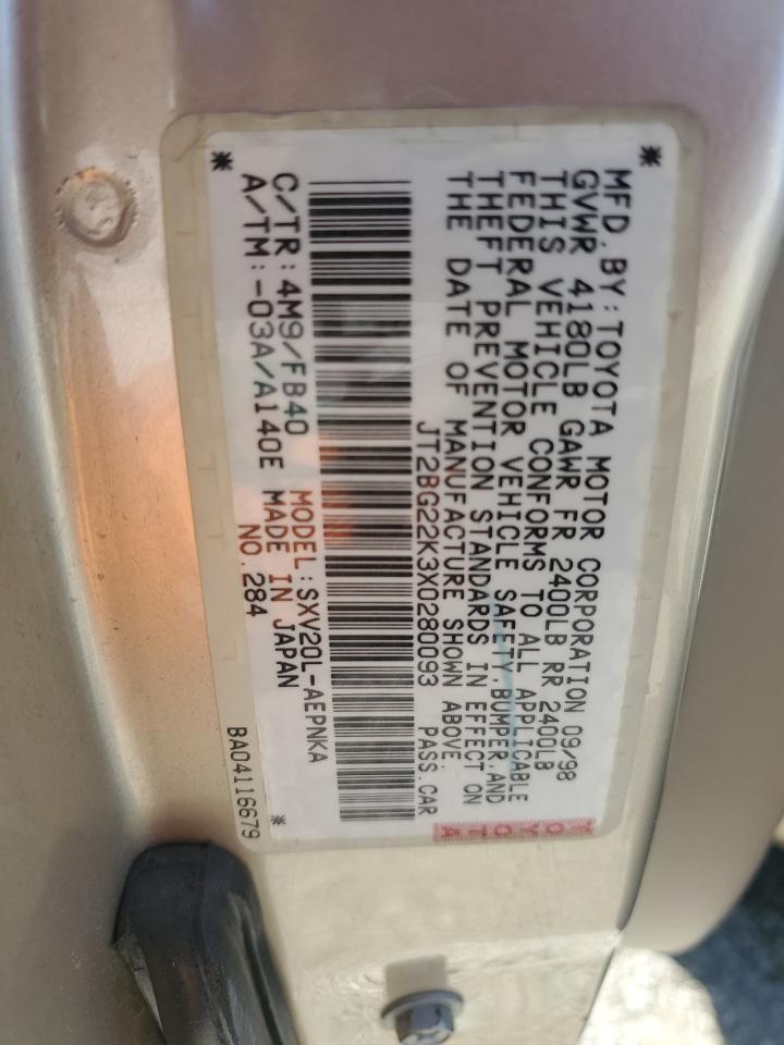 1999 Toyota Camry Le VIN: JT2BG22K3X0280093 Lot: 90652945