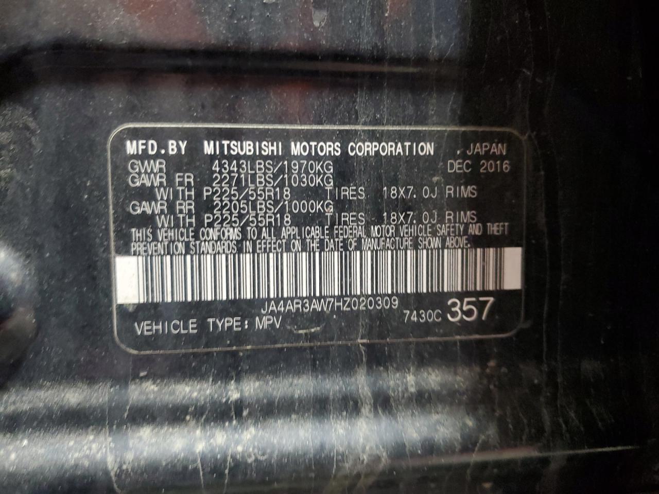 2017 Mitsubishi Outlander Sport Es VIN: JA4AR3AW7HZ020309 Lot: 90324765