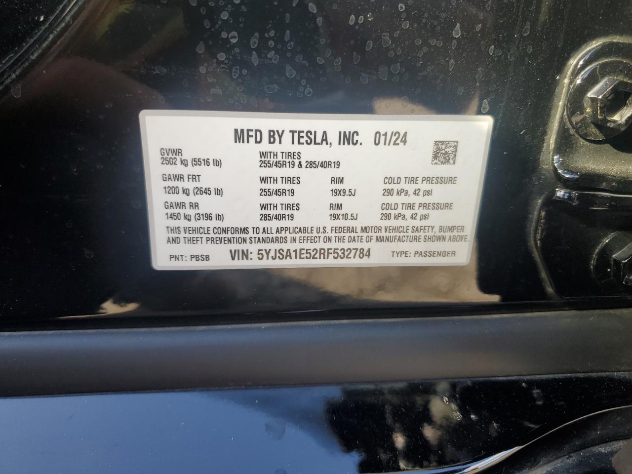 2024 Tesla Model S VIN: 5YJSA1E52RF532784 Lot: 86136605
