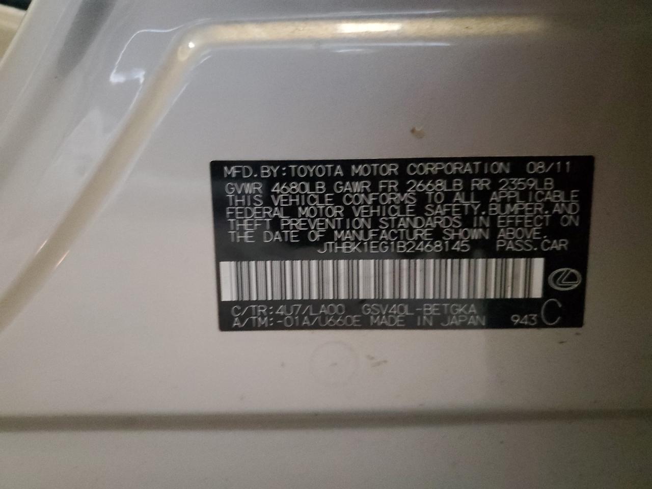 2011 Lexus Es 350 VIN: JTHBK1EG1B2468145 Lot: 85403225