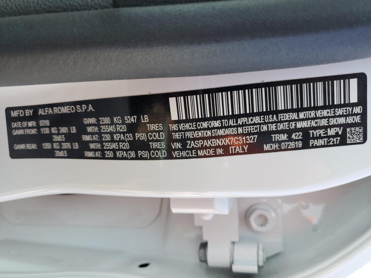 2019 Alfa Romeo Stelvio Ti VIN: ZASPAKBNXK7C31327 Lot: 86889155