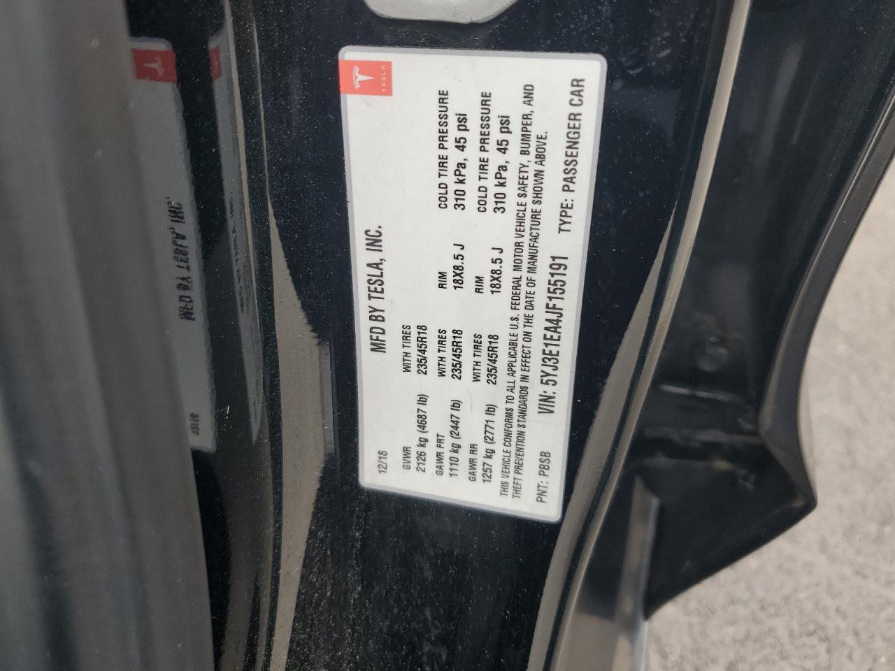 2018 Tesla Model 3 VIN: 5YJ3E1EA4JF155191 Lot: 90493045