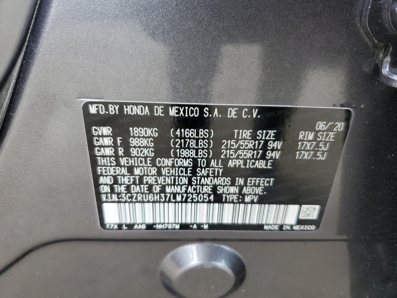 2020 Honda Hr-V Lx VIN: 3CZRU6H37LM725054 Lot: 85328835