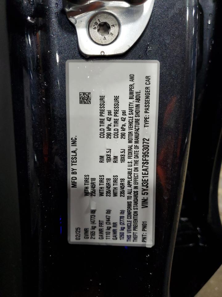 2025 Tesla Model 3 VIN: 5YJ3E1EA7SF953072 Lot: 84921185