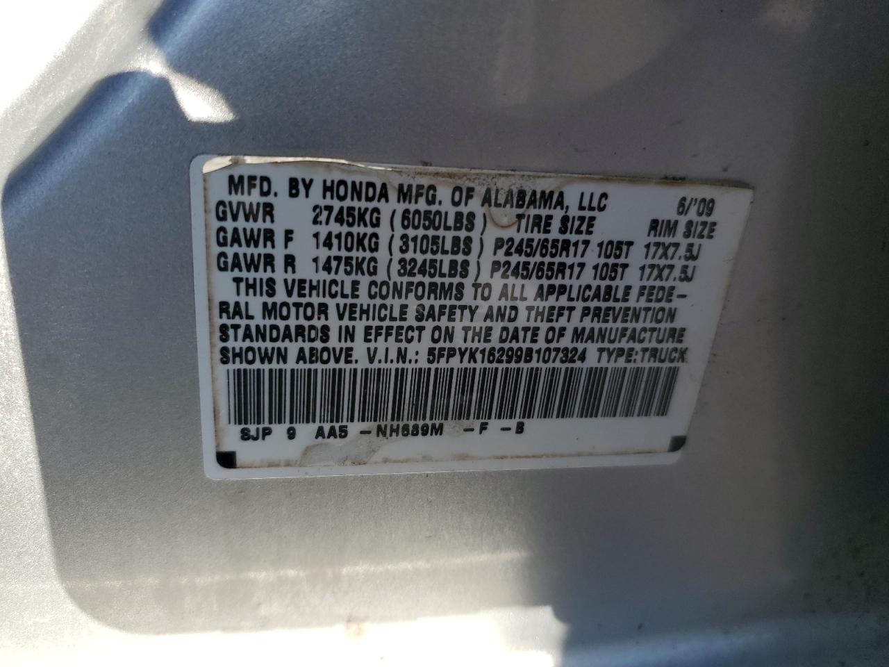 2009 Honda Ridgeline Rt VIN: 5FPYK16299B107324 Lot: 86157225