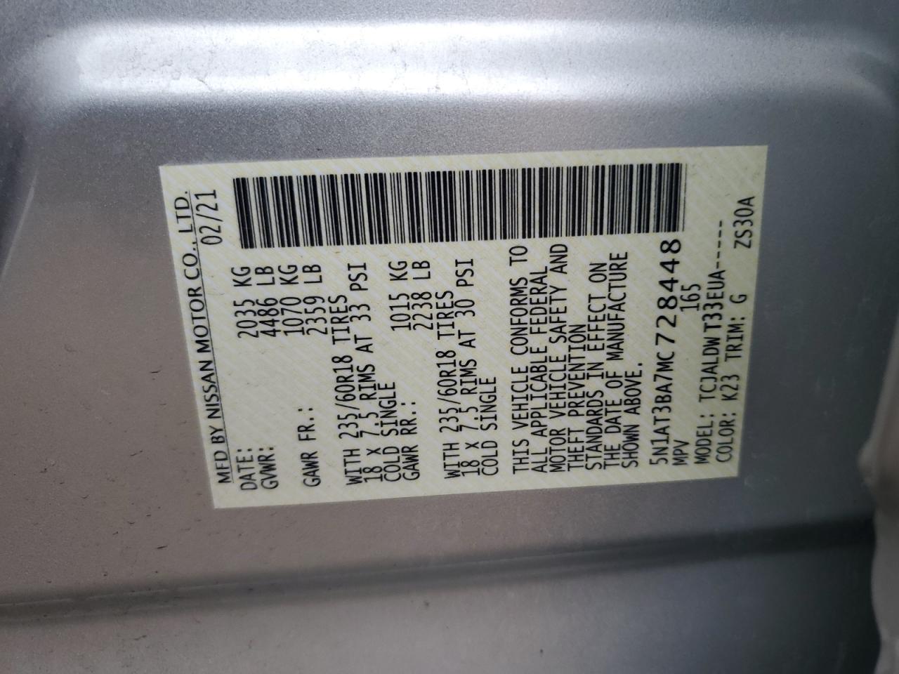 2021 Nissan Rogue Sv VIN: 5N1AT3BA7MC728448 Lot: 86222955