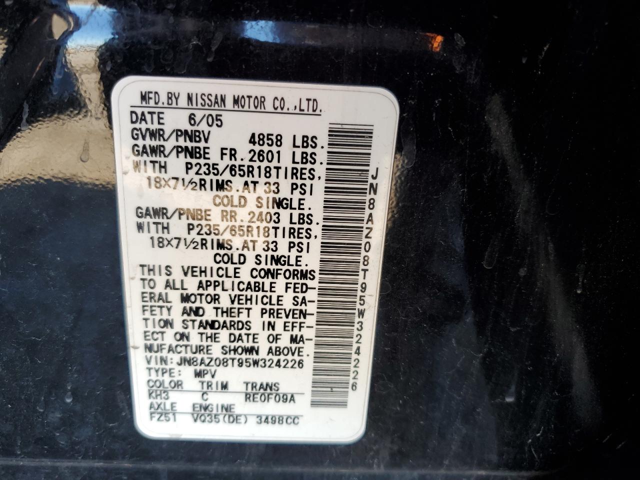 2005 Nissan Murano Sl VIN: JN8AZ08T95W324226 Lot: 86153425