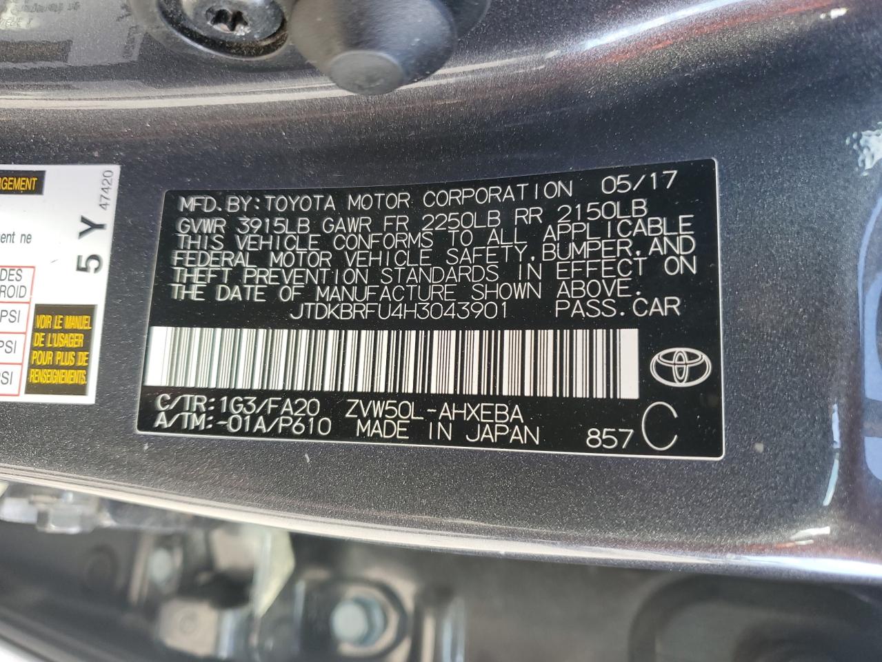 2017 Toyota Prius VIN: JTDKBRFU4H3043901 Lot: 81467925