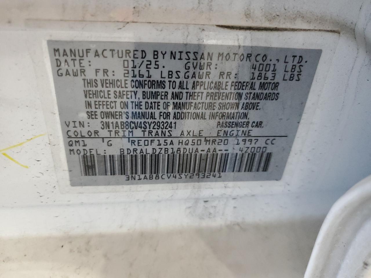 2025 Nissan Sentra Sv VIN: 3N1AB8CV4SY293241 Lot: 85084995