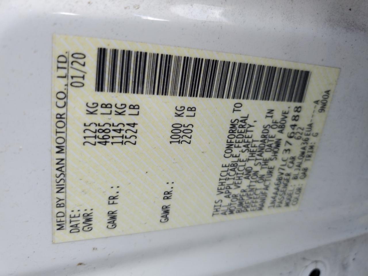 2020 Nissan Maxima S VIN: 1N4AA6BV7LC376488 Lot: 85383695